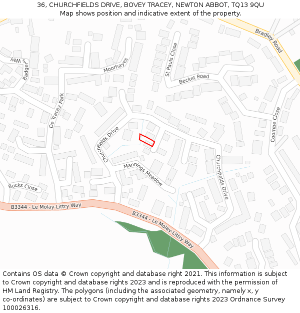 36, CHURCHFIELDS DRIVE, BOVEY TRACEY, NEWTON ABBOT, TQ13 9QU: Location map and indicative extent of plot