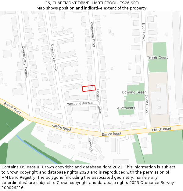 36, CLAREMONT DRIVE, HARTLEPOOL, TS26 9PD: Location map and indicative extent of plot