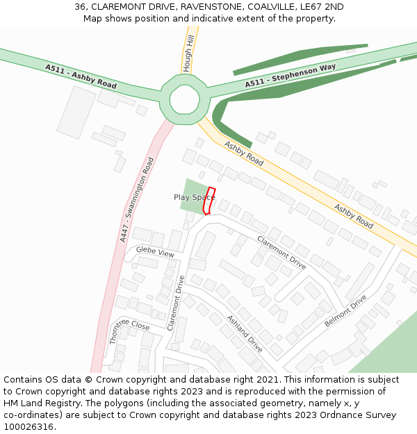 36, CLAREMONT DRIVE, RAVENSTONE, COALVILLE, LE67 2ND: Location map and indicative extent of plot