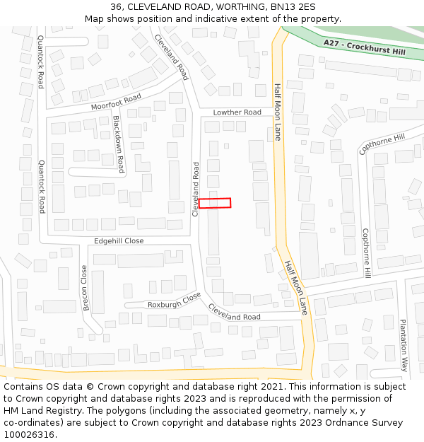 36, CLEVELAND ROAD, WORTHING, BN13 2ES: Location map and indicative extent of plot