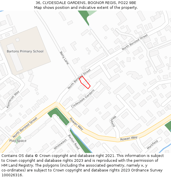 36, CLYDESDALE GARDENS, BOGNOR REGIS, PO22 9BE: Location map and indicative extent of plot