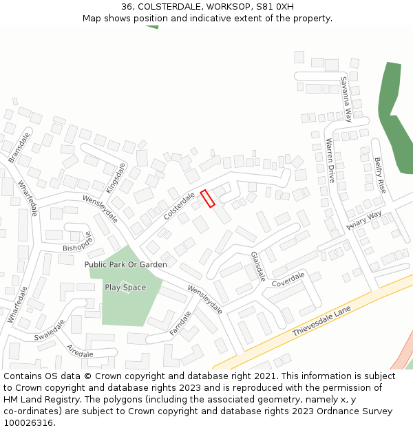 36, COLSTERDALE, WORKSOP, S81 0XH: Location map and indicative extent of plot