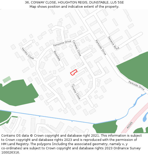 36, CONWAY CLOSE, HOUGHTON REGIS, DUNSTABLE, LU5 5SE: Location map and indicative extent of plot