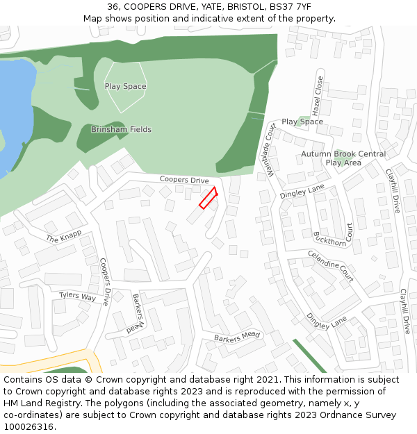 36, COOPERS DRIVE, YATE, BRISTOL, BS37 7YF: Location map and indicative extent of plot
