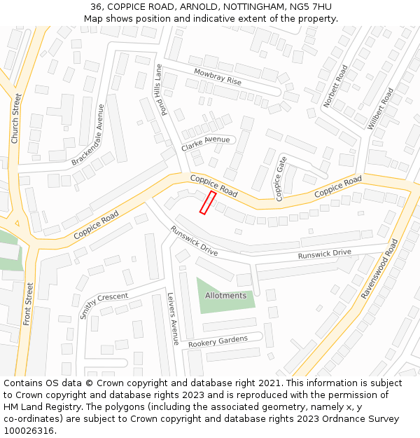 36, COPPICE ROAD, ARNOLD, NOTTINGHAM, NG5 7HU: Location map and indicative extent of plot