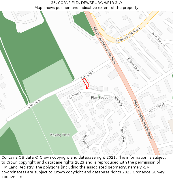 36, CORNFIELD, DEWSBURY, WF13 3UY: Location map and indicative extent of plot