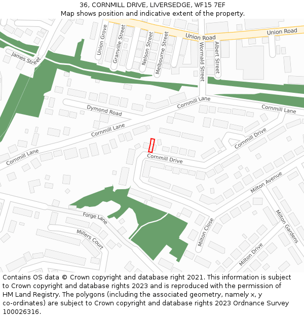 36, CORNMILL DRIVE, LIVERSEDGE, WF15 7EF: Location map and indicative extent of plot