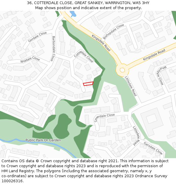 36, COTTERDALE CLOSE, GREAT SANKEY, WARRINGTON, WA5 3HY: Location map and indicative extent of plot