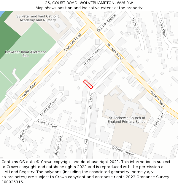 36, COURT ROAD, WOLVERHAMPTON, WV6 0JW: Location map and indicative extent of plot