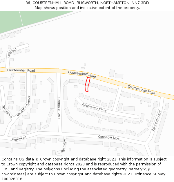 36, COURTEENHALL ROAD, BLISWORTH, NORTHAMPTON, NN7 3DD: Location map and indicative extent of plot
