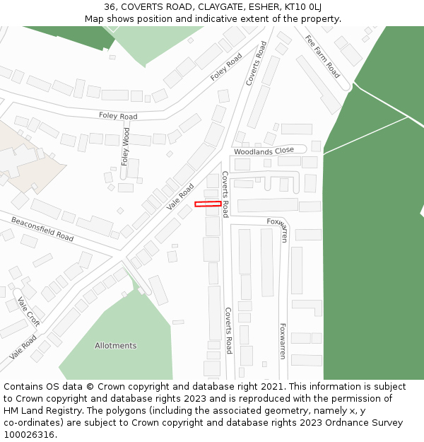 36, COVERTS ROAD, CLAYGATE, ESHER, KT10 0LJ: Location map and indicative extent of plot