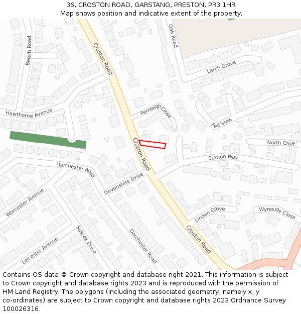 36, CROSTON ROAD, GARSTANG, PRESTON, PR3 1HR: Location map and indicative extent of plot