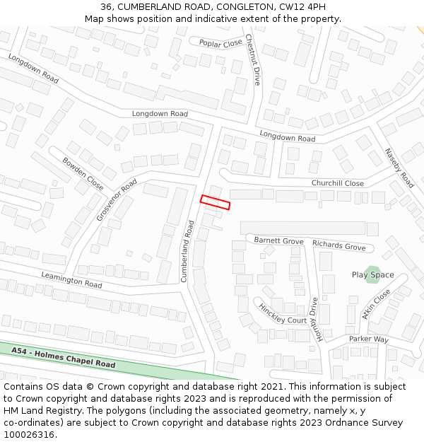 36, CUMBERLAND ROAD, CONGLETON, CW12 4PH: Location map and indicative extent of plot