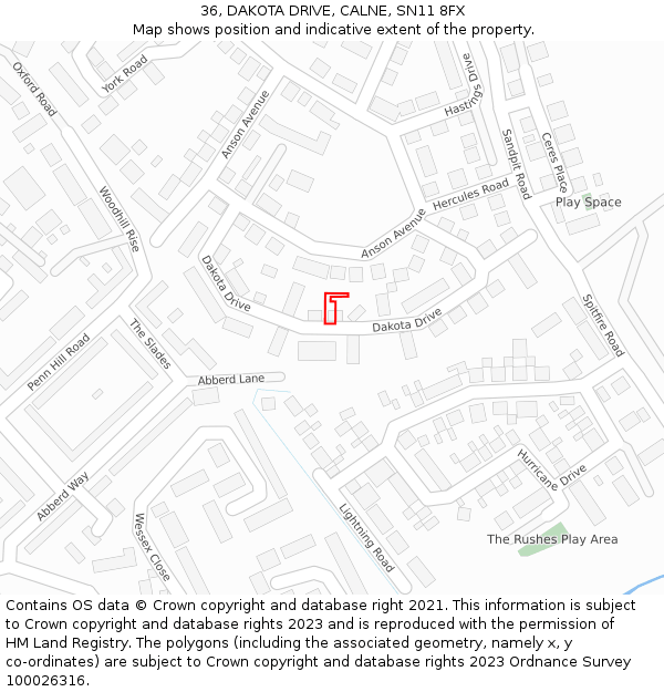 36, DAKOTA DRIVE, CALNE, SN11 8FX: Location map and indicative extent of plot