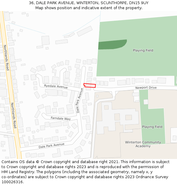 36, DALE PARK AVENUE, WINTERTON, SCUNTHORPE, DN15 9UY: Location map and indicative extent of plot