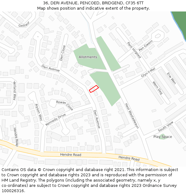36, DERI AVENUE, PENCOED, BRIDGEND, CF35 6TT: Location map and indicative extent of plot