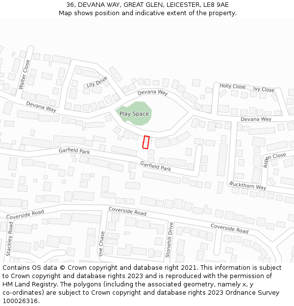 36, DEVANA WAY, GREAT GLEN, LEICESTER, LE8 9AE: Location map and indicative extent of plot