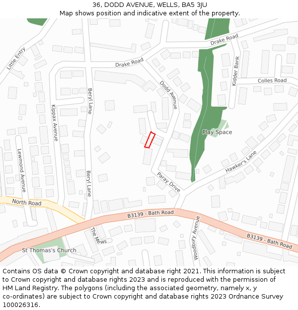 36, DODD AVENUE, WELLS, BA5 3JU: Location map and indicative extent of plot
