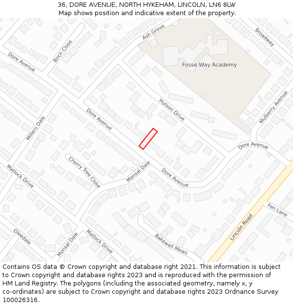 36, DORE AVENUE, NORTH HYKEHAM, LINCOLN, LN6 8LW: Location map and indicative extent of plot