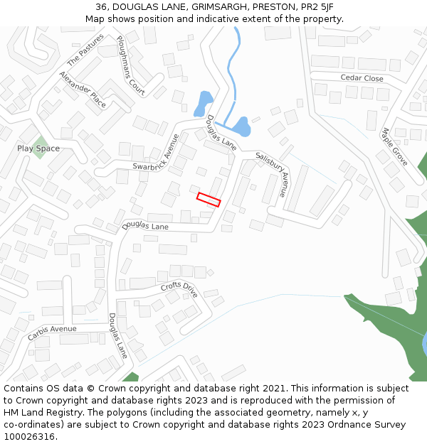 36, DOUGLAS LANE, GRIMSARGH, PRESTON, PR2 5JF: Location map and indicative extent of plot