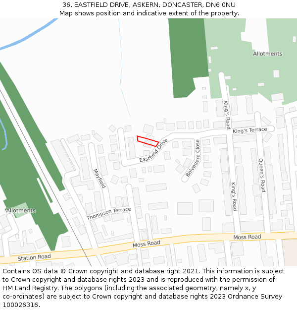 36, EASTFIELD DRIVE, ASKERN, DONCASTER, DN6 0NU: Location map and indicative extent of plot