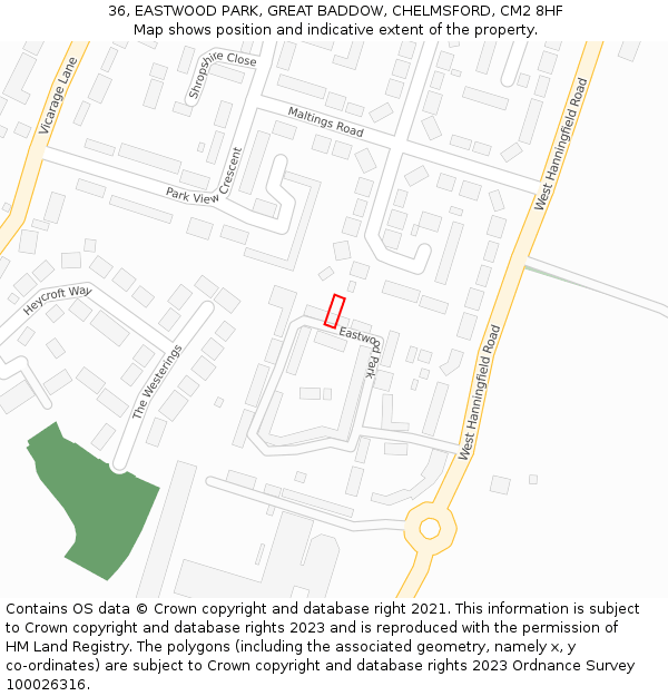 36, EASTWOOD PARK, GREAT BADDOW, CHELMSFORD, CM2 8HF: Location map and indicative extent of plot