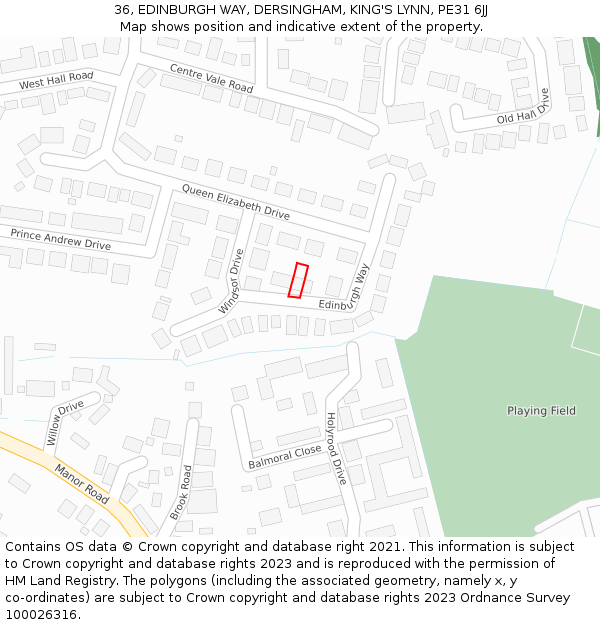36, EDINBURGH WAY, DERSINGHAM, KING'S LYNN, PE31 6JJ: Location map and indicative extent of plot
