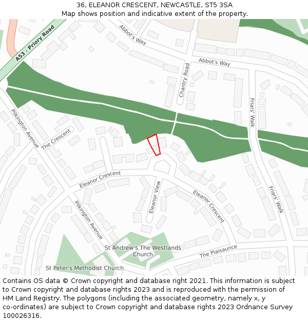 36, ELEANOR CRESCENT, NEWCASTLE, ST5 3SA: Location map and indicative extent of plot