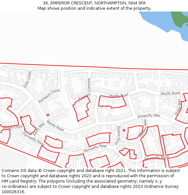 36, EMPEROR CRESCENT, NORTHAMPTON, NN4 9FA: Location map and indicative extent of plot