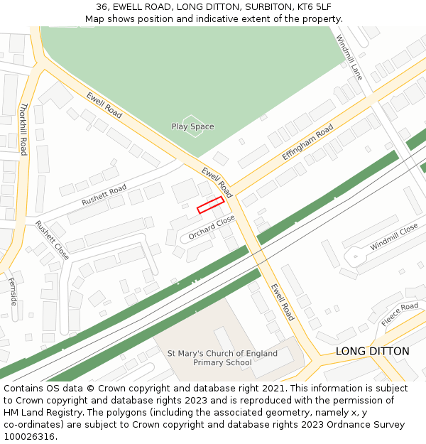 36, EWELL ROAD, LONG DITTON, SURBITON, KT6 5LF: Location map and indicative extent of plot