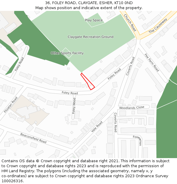 36, FOLEY ROAD, CLAYGATE, ESHER, KT10 0ND: Location map and indicative extent of plot