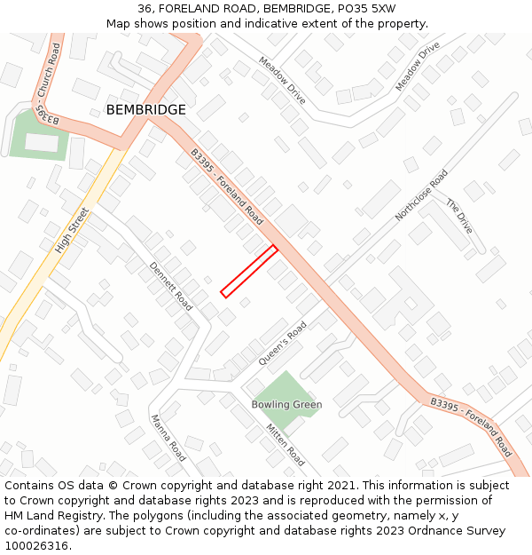 36, FORELAND ROAD, BEMBRIDGE, PO35 5XW: Location map and indicative extent of plot