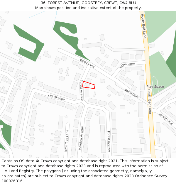 36, FOREST AVENUE, GOOSTREY, CREWE, CW4 8LU: Location map and indicative extent of plot