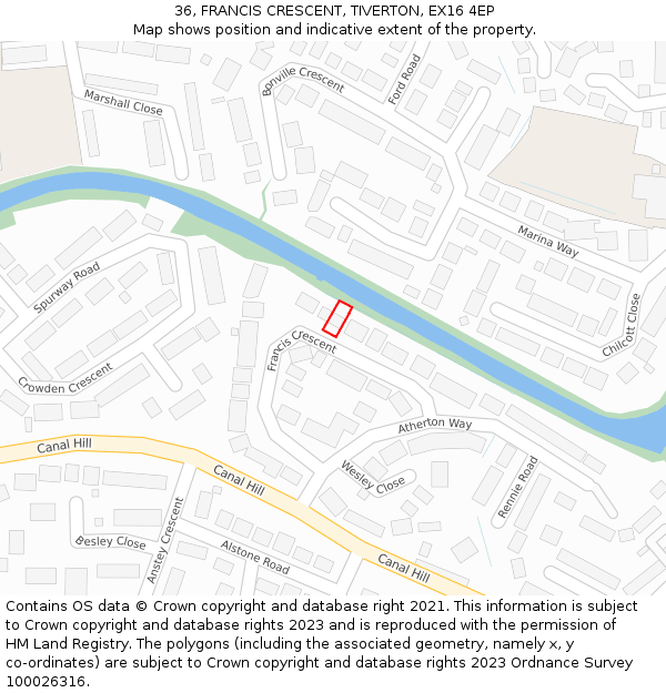 36, FRANCIS CRESCENT, TIVERTON, EX16 4EP: Location map and indicative extent of plot