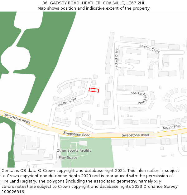 36, GADSBY ROAD, HEATHER, COALVILLE, LE67 2HL: Location map and indicative extent of plot