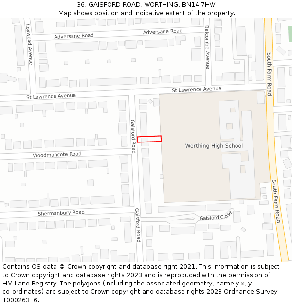 36, GAISFORD ROAD, WORTHING, BN14 7HW: Location map and indicative extent of plot