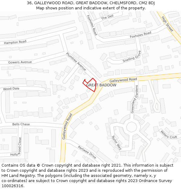 36, GALLEYWOOD ROAD, GREAT BADDOW, CHELMSFORD, CM2 8DJ: Location map and indicative extent of plot