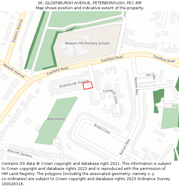36, GILDENBURGH AVENUE, PETERBOROUGH, PE1 4RF: Location map and indicative extent of plot