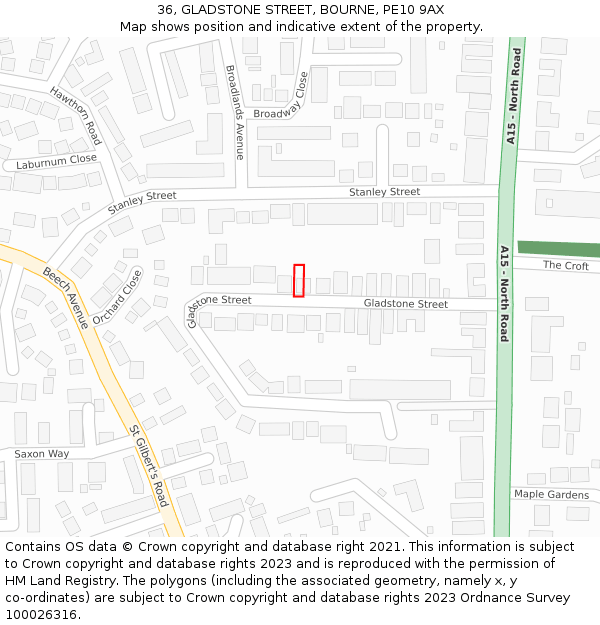 36, GLADSTONE STREET, BOURNE, PE10 9AX: Location map and indicative extent of plot