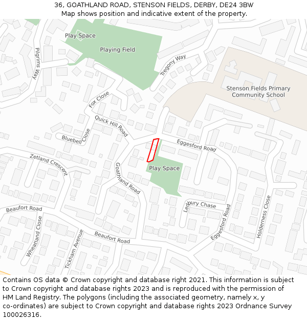 36, GOATHLAND ROAD, STENSON FIELDS, DERBY, DE24 3BW: Location map and indicative extent of plot