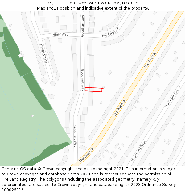 36, GOODHART WAY, WEST WICKHAM, BR4 0ES: Location map and indicative extent of plot