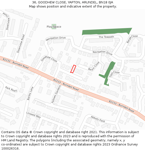 36, GOODHEW CLOSE, YAPTON, ARUNDEL, BN18 0JA: Location map and indicative extent of plot