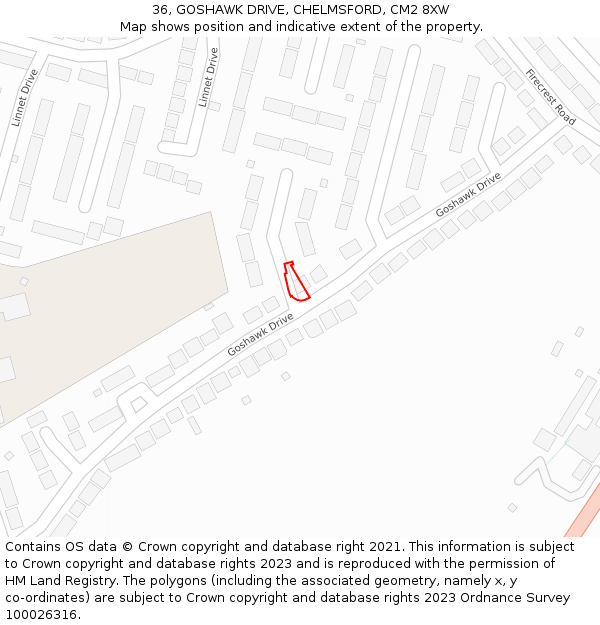 36, GOSHAWK DRIVE, CHELMSFORD, CM2 8XW: Location map and indicative extent of plot