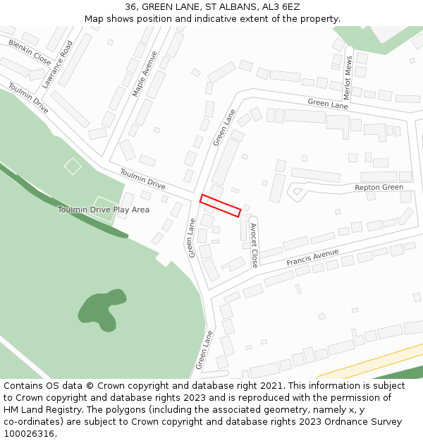 36, GREEN LANE, ST ALBANS, AL3 6EZ: Location map and indicative extent of plot