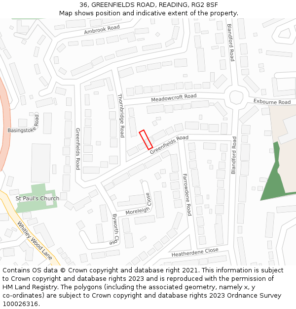 36, GREENFIELDS ROAD, READING, RG2 8SF: Location map and indicative extent of plot