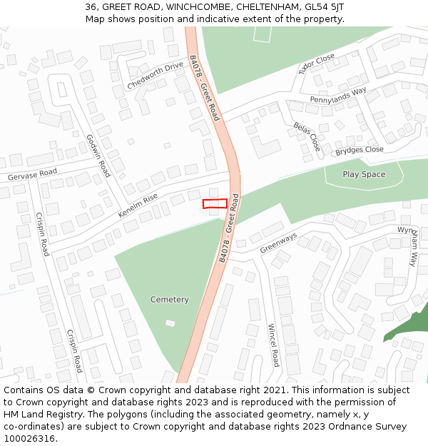 36, GREET ROAD, WINCHCOMBE, CHELTENHAM, GL54 5JT: Location map and indicative extent of plot