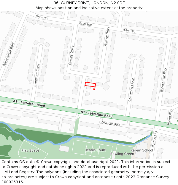36, GURNEY DRIVE, LONDON, N2 0DE: Location map and indicative extent of plot