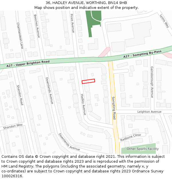 36, HADLEY AVENUE, WORTHING, BN14 9HB: Location map and indicative extent of plot