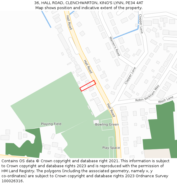 36, HALL ROAD, CLENCHWARTON, KING'S LYNN, PE34 4AT: Location map and indicative extent of plot
