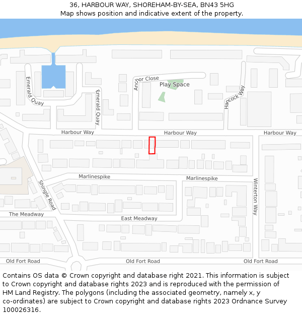 36, HARBOUR WAY, SHOREHAM-BY-SEA, BN43 5HG: Location map and indicative extent of plot
